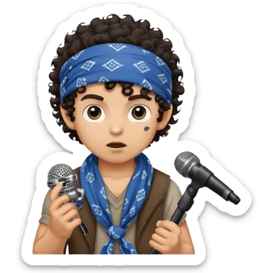 ugly medium skin boy with bandana on head and dark curly hair and HUGE eyes and holding a microphone sticker