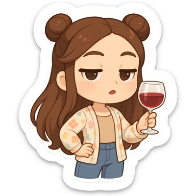 3D chibi style high-quality rendering smooth shadows soft gradients girl with long brown hair styled in two space buns brown eyes wearing jeans pastel floral cardigan thick white outline like a sticker transparent background holding wine glass acting fancy superior preserve facial features sticker