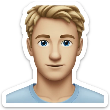 A head and shoulders shot of a 22 year old Caucasian man, with short brown hair,   with blue eyes wearing a t-shirt. sticker