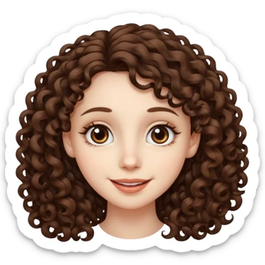 Light brown eyed female with pale skin. She has big eyes, curly and long dark brown hair and thin lips smiling. sticker