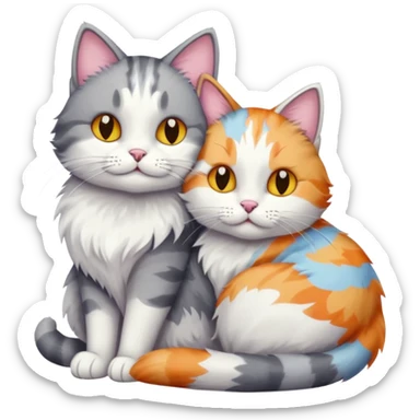 big grey and white cat cuddling a colourful light patched calico + white tabby cat sticker
