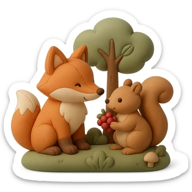 a fox and squirrel sharing berries in a forest friendship scene, cushion style sticker