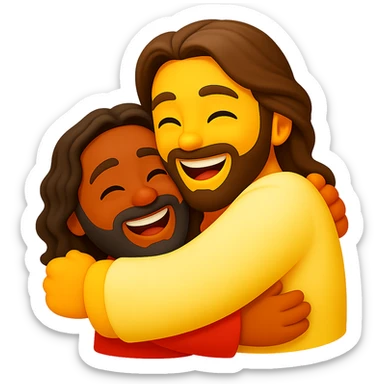 Create an emoji style image of Jesus hugging a person, both smiling, with brighter colors, transparent background. The style should resemble apple style emojis but with editing support, focusing on happiness and brightness. sticker