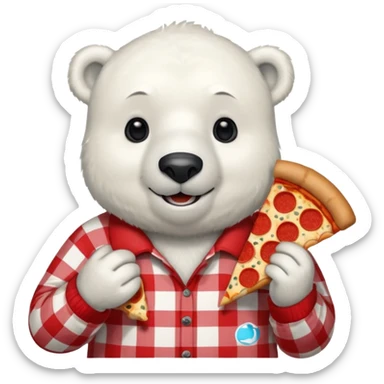 polar bear with pizza wearing red checkered shirt sticker