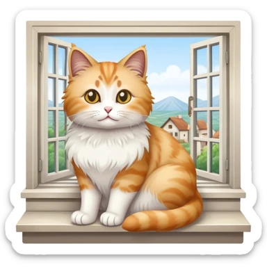 fluffy sprat-colored cat sits on the windowsill in a village house sticker