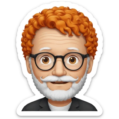 An elderly man with curly orange hair, brown eyes, black glasses, and a white beard, wearing a gentle smile. sticker