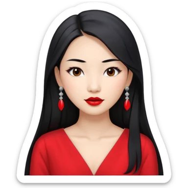 30 yr old asian woman, middle parted straight long black hair, very pretty, fancy grey dress, earings, red lipstick, silver earings sticker