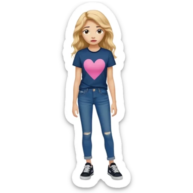 > 14-year-old girl, 161cm, slender, long wavy golden hair, tan skin, full pink lips, long lashes, thick eyebrows, dark blue t-shirt, faded jeans, black sneakers, quiet sadness in her expression, soft moody lighting, ultra-realistic portrait. sticker