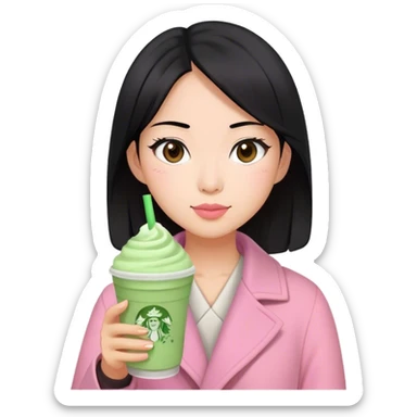 Medium black hair, asian woman, brown eyes, pink coat, holding Matcha frappe  sticker