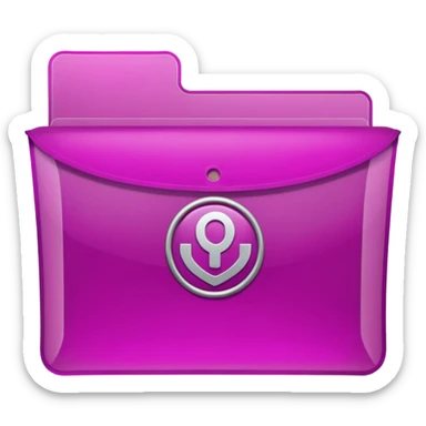 A translucent magenta plastic folder with rounded corners, elastic string and button closure, subtle transparency, and a small university/academic symbol on the front. sticker