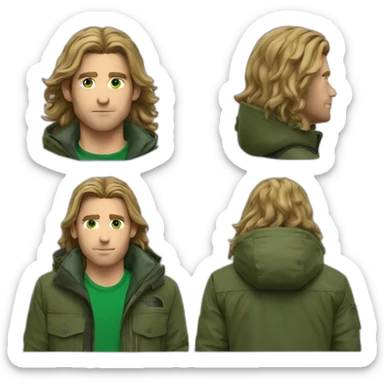 Man a long hairs and green eyes and a the north face jacket sticker