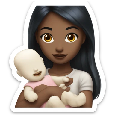 white Girl with black hair and blue eyes playing with baby doll sticker