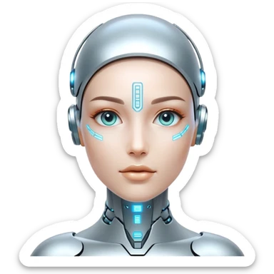 Futuristic human with metallic cybernetic enhancements, digital interface on face, holographic display sticker