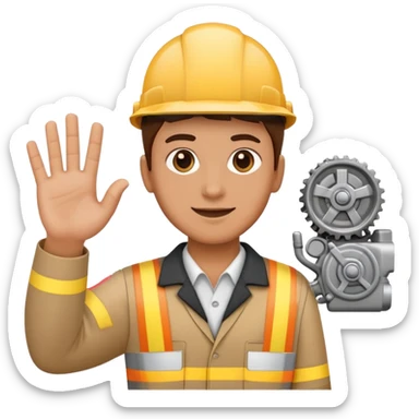 person in work uniform holding a car engine part in one arm, waving right hand, emoji style sticker