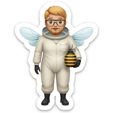 full body medium plus size bee keeper with  short light strawberry blonde hair and goatee wearing glasses  sticker
