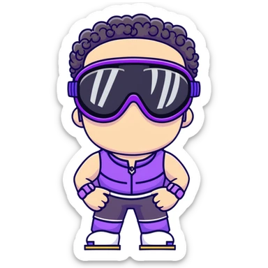 male athlete with white skin and moderately curly black hair on top with shaved sides, wearing ski goggles with purple frames and very dark black lenses, a simple plain black chain necklace, and an open shiny purple vest showing his chest and abs, no earrings sticker