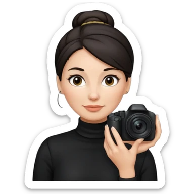 48 year old woman photographer with dark hair in a bun, wearing black clothes sticker