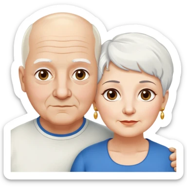 Una abuela italiana blanca de ojos marrones con cabello corto blanco y aretes de oro, junto a su esposo de ojos azules abuelo de piel blanca italiano un poco gordo con pelo blanco corto calvo sin nada de bigote  sticker