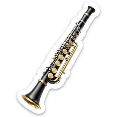 Create an elegant and detailed emoji representing a clarinet. The design should feature the sleek, black wood finish of the clarinet with its shiny metal keys clearly visible. Highlight the intricate details, such as the bell at the end and the carefully crafted mouthpiece with the reed. Use black wood tones for the body of the instrument and silver or brass accents for the keys. Add subtle musical notes or soundwaves floating around the instrument to evoke the smooth, melodic sound of the clarinet. The background should be transparent. sticker
