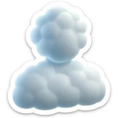 front-facing person composed entirely of white fluffy convex clouds, shoulders visible, matte glass style sticker