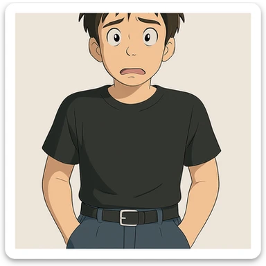 Make the man in the Ghibli style in the same position, but with a confused expression sticker