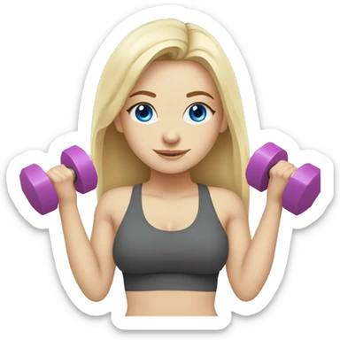 blonde white girl with blue eyes holding two dumbbells on a yoga mat sticker