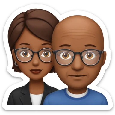 Brown woman with brown hair and bald man with glasses sticker