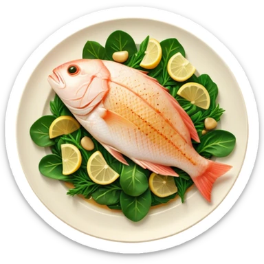 Cinematic fresh snapper fillet, pan-seared to golden perfection, soft and flaky texture, resting on a bed of sautéed greens, warm glowing background, refined and elegant. sticker