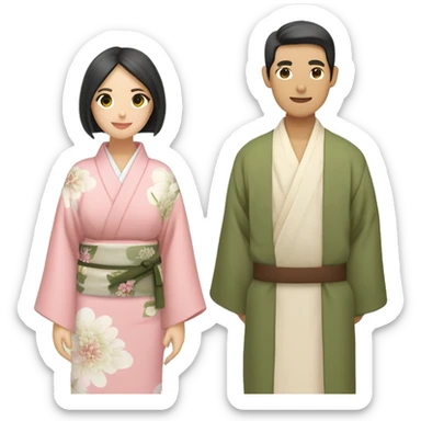 asian couple in kimono - man wearing kimono with olive green inside and brown outside and beige fabric belt, woman wearing light pink kimono with pastel florals of different colors sticker