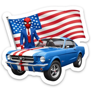 Spider-Man driving a 65 Mustang fastback that’s color the American flag sticker