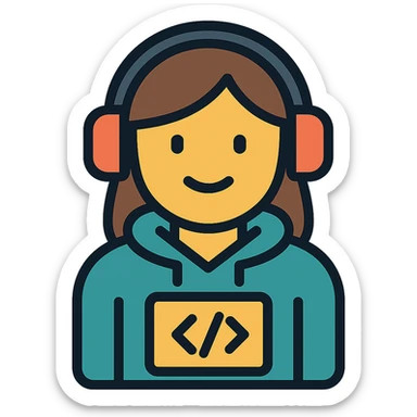 Show the smart coder as a female wearing a hoodie and headphones, in a minimalist flat style with no background. sticker