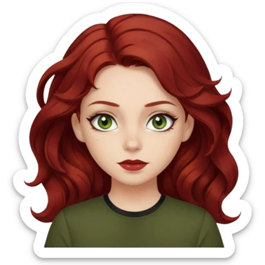 a pretty FAIR bratz girl with wavy dark red hair, wearing a black tee. eyeliner on, olive green eyes.  sticker