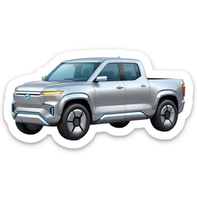 A futuristic electric pickup truck emoji, silver chrome body, angular cyber design, smooth metallic panels, subtle reflections, minimalistic proportions, iOS emoji style, centered composition, clean white background, soft lighting sticker