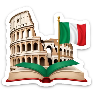 An icon featuring the Colosseum and the flag of Italy, symbolizing the Italian language. The design includes an open book with Italian phrases and a gondola, representing language learning and cultural exploration. Transparent background sticker