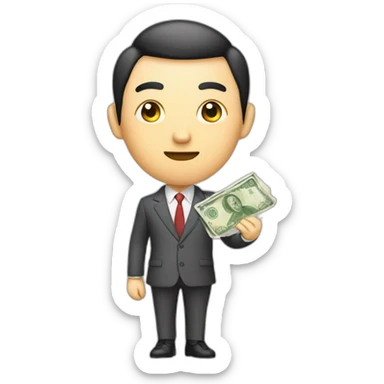 Draw a Chinese character, full body, wearing suits, holding 100 CNY bill sticker