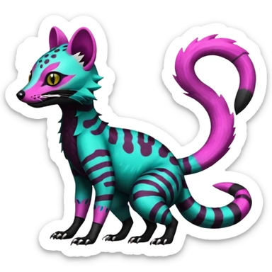 Rare warm-colored exotic edgy epic aesthetic spooky dark modern colorful cyber-Genet-Trico-Salandit-Civet-species-Fakemon-hybrid-creature, with beautiful intricate markings, full body sticker