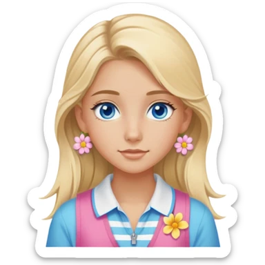 preppy coastal teen girl with blue eyes, beach blonde hair, tan skin, small flowers in her ear, preppy beach outfit sticker