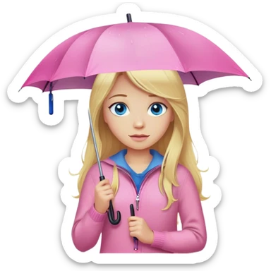 Cinematic realistic emojis in the form of a blonde girl with long hair and blue eyes, dressed in a pink sweater and jeans, holding an umbrella over her from the rain sticker