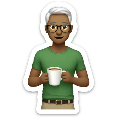 Una persona tomando una taza de café con una cara seria,camisa verde,pantalón beige,y lentes,piel clara. sticker