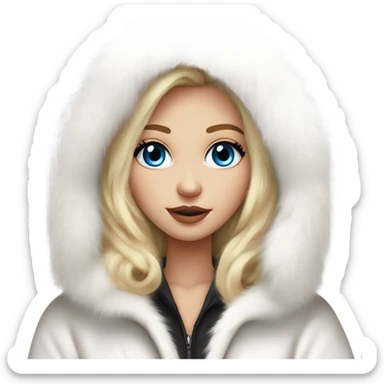 Beautiful Girl with lashes and blue eyes, blonde hair, in a extremely big fluffy oversized white fur coat with hood on. The fur is real and it’s very obvious big and fluffy  sticker