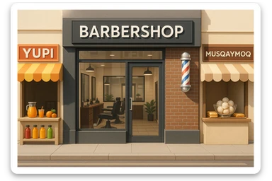 brohouse sartarosh xonasini chizib ber tashqaridan va uning yonida yupi va musqaymoq sotadigan lavkalar bulsin va sartarosh xona sal zamonaviyroq bulsin sticker