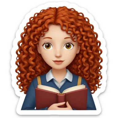 long red and curly haired  women with book with optical  sticker