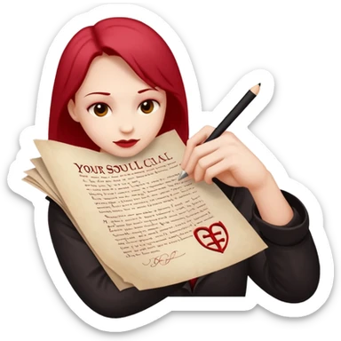 Minimalist emoji-style sticker of a pale hand signing a parchment contract titled “YOUR SOUL” in gothic font, muted red ink, grayscale background sticker