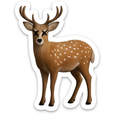 Overlay cartoon X's on the eyes in the exact same style and position as the deer image, referencing the deer for the X style. Keep everything else 100% identical—pose, style, lighting, and details. Make the background transparent. sticker