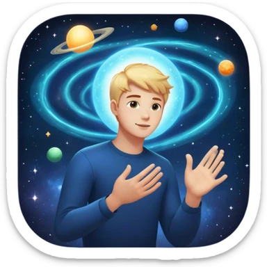 A young man floats in space, touching a particle that glows and expands, shaping the universe around him. Each touch creates new light, symbolizing how his choices build his own reality. sticker