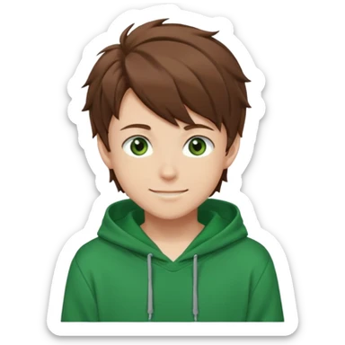 Anime teen boy with brown hair, green eyes, and a green hoodie, looking smiling slightly sideways positioned. Face must be main filling of the emoji. A little piece of hoodie can be visible. 128px sticker