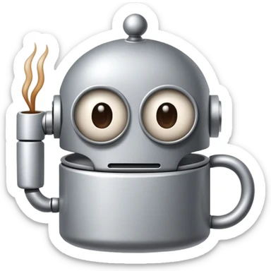 A sleepy robot with droopy eyes holding a coffee mug, looking exhausted sticker
