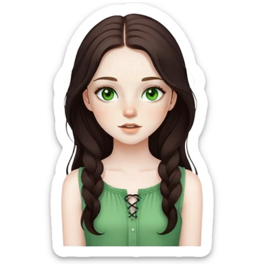 pretty girl with pale skin, freckles, green eyes, long lashes, dark brown long hair in summer styled outfit sticker