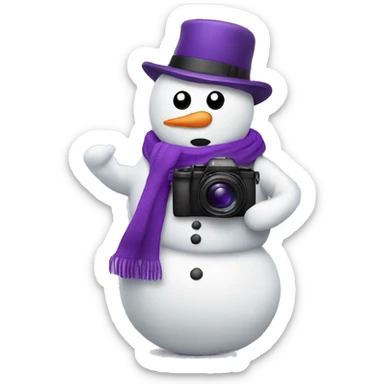 snowman holding a camera with a purple hat sticker