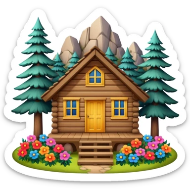cabin in the woods, surrounded by pines, with flowers around sticker